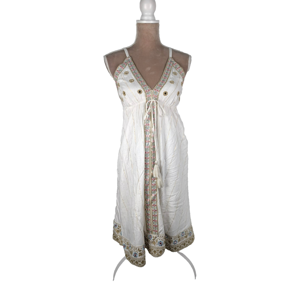 Ananta Embroidered Floral Midi Dress OS Boho Peasant Beachy Resort Vacation